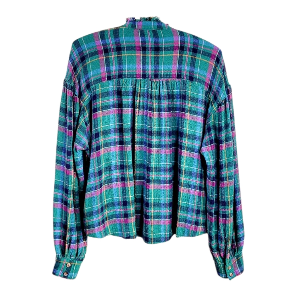 NWOT PILCRO × ANTHROPOLOGIE Plaid Seersucker Cropped Puff Sleeve Shirt Top S - Picture 6 of 10
